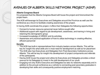 AVENUES OF ALBERTA SKILLS NETWORK PROJECT (ASNP)
 Alberta Congress Board
 It is proposed that the Alberta Congress Board will house the project and hire/contract the
 project team.
 The ACB will leverage its Executives and Delegates around the Province as well use the
 conference as a forum to facilitate creating awareness of the project.
 In having ACB coordinate this project, it offers their Delegates the following opportunities:
  • Connect to human resource personnel never before sought after
  • Additional support with regard to job development, awareness, and training in hiring and
      retaining this demographic group
  •   Increased knowledge of HRSDC and its activities
  •   Awareness and practical application of how to utilize technology in creating effective,
      efficient personnel
 Benefits
  • The ACB has built-in representatives from industry leaders across Alberta. This will be
    key for insight into what skills are in most need for development as well as for placement
  • The ACB also has Executives and Delegates from Post-Secondary Institutions across
    Alberta. This will be key for insight into development of project components and referrals
    of the participants
  • Having ACB house the project and utilize its Executives and Delegates provides a direct
    avenue for its Delegates to invest in the skill development of our youth
  • Engaging not only ACB’s Executive and Delegates but also its networks separately and in
    addition to the annual conference as a vehicle to connecting post-secondary graduates in
    developing their skills and consequently positive employment matching
 