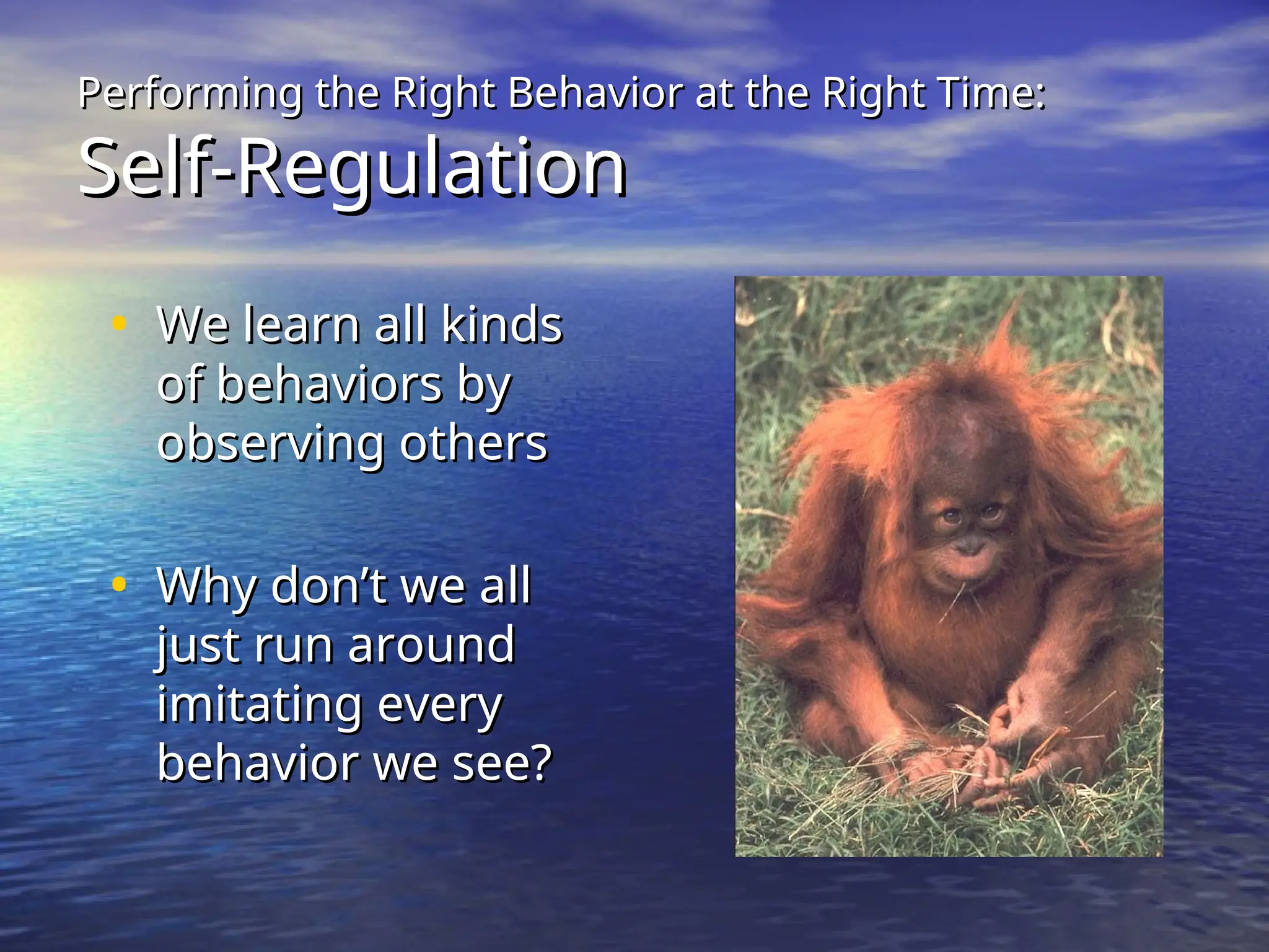 Performing the Right Behavior at the Right Time:
Performing the Right Behavior at the Right Time:
Self-Regulation
Self-Regulation
• We learn all kinds
We learn all kinds
of behaviors by
of behaviors by
observing others
observing others
• Why don’t we all
Why don’t we all
just run around
just run around
imitating every
imitating every
behavior we see?
behavior we see?
 
