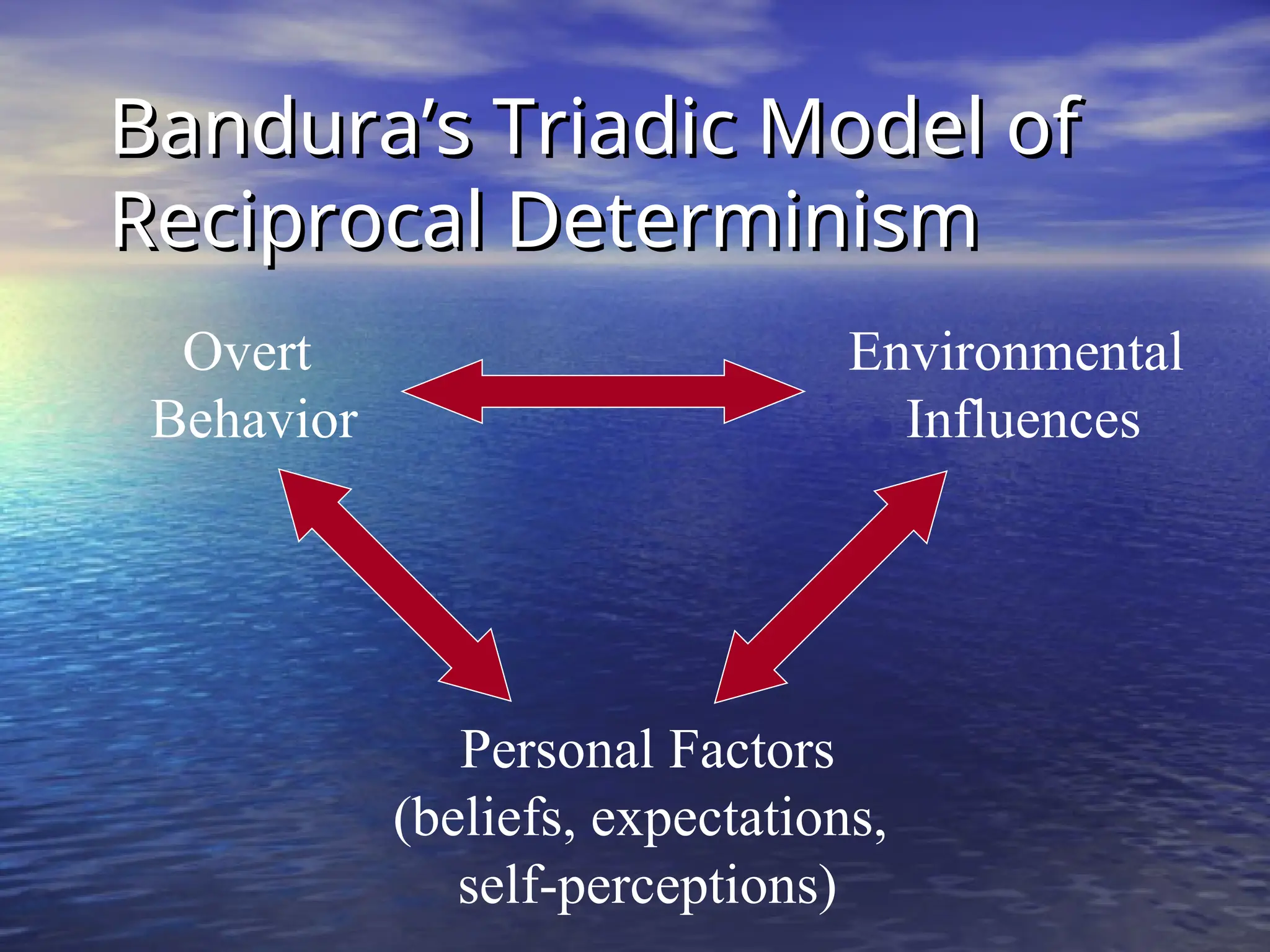Bandura’s Triadic Model of
Bandura’s Triadic Model of
Reciprocal Determinism
Reciprocal Determinism
Environmental
Influences
Personal Factors
(beliefs, expectations,
self-perceptions)
Overt
Behavior
 