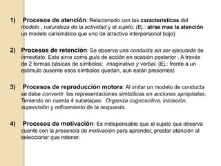 1)

Procesos de atención: Relacionado con las características del
modelo , naturaleza de la actividad y el sujeto. (Ej.: atrae mas la atención
un modelo carismático que uno de atractivo interpersonal bajo)

2) Procesos de retención: Se observa una conducta sin ser ejecutada de
inmediato. Esta sirve como guía de acción en ocasión posterior . A través
de 2 formas básicas de símbolos: imaginativo y verbal. (Ej.: frente a un
estimulo ausente esos símbolos quedan, aun están presentes)

3)

Procesos de reproducción motora: Al imitar un modelo de conducta
se debe convertir las representaciones simbólicas en acciones apropiadas.
Teniendo en cuenta 4 subetapas: Organiza cognoscitiva, iniciación,
supervisión y refinamiento de la respuesta.

4)

Procesos de motivación: Es indispensable que el sujeto que observa
cuente con la presencia de motivación para aprender, prestar atención al
seleccionar que retener.

 