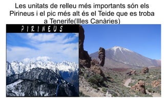 Les unitats de relleu més importants són els Pirineus i el pic més alt és el Teide que es troba a Tenerife(Illes Canàries) 