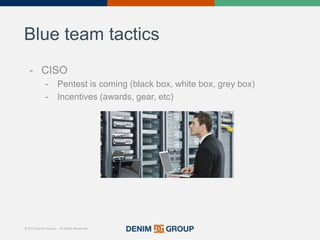 © 2015 Denim Group – All Rights Reserved
Blue team tactics
- CISO
- Pentest is coming (black box, white box, grey box)
- I...