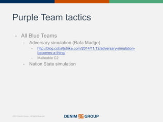 © 2015 Denim Group – All Rights Reserved
Purple Team tactics
- All Blue Teams
- Adversary simulation (Rafa Mudge)
- http:/...