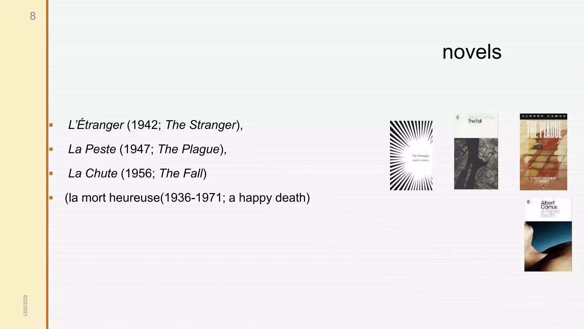 novels
 L’Étranger (1942; The Stranger),
 La Peste (1947; The Plague),
 La Chute (1956; The Fall)
 (la mort heureuse(1936-1971; a happy death)
6/22/2021
8
 