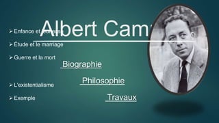 Albert Camus
Biographie
Philosophie
Travaux
Enfance et jeunesse
Étude et le marriage
Guerre et la mort
L'existentialisme
Exemple
 