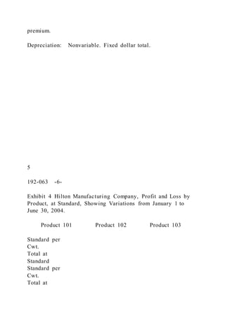 premium.
Depreciation: Nonvariable. Fixed dollar total.
5
192-063 -6-
Exhibit 4 Hilton Manufacturing Company, Profit and Loss by
Product, at Standard, Showing Variations from January 1 to
June 30, 2004.
Product 101 Product 102 Product 103
Standard per
Cwt.
Total at
Standard
Standard per
Cwt.
Total at
 