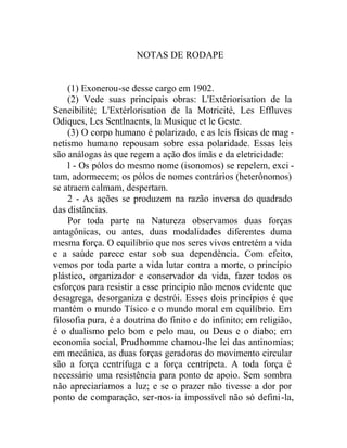 NOTAS DE RODAPE
(1) Exonerou-se desse cargo em 1902.
(2) Vede suas principais obras: L'Extériorisation de la
Seneibilité; L'Extérlorisation de la Motricité, Les Effluves
Odiques, Les Sentlnaents, la Musique et le Geste.
(3) O corpo humano é polarizado, e as leis físicas de mag -
netismo humano repousam sobre essa polaridade. Essas leis
são análogas às que regem a ação dos ímãs e da eletricidade:
l - Os pólos do mesmo nome (isonomos) se repelem, exci -
tam, adormecem; os pólos de nomes contrários (heterônomos)
se atraem calmam, despertam.
2 - As ações se produzem na razão inversa do quadrado
das distâncias.
Por toda parte na Natureza observamos duas forças
antagônicas, ou antes, duas modalidades diferentes duma
mesma força. O equilíbrio que nos seres vivos entretém a vida
e a saúde parece estar sob sua dependência. Com efeito,
vemos por toda parte a vida lutar contra a morte, o princípio
plástico, organizador e conservador da vida, fazer todos os
esforços para resistir a esse principio não menos evidente que
desagrega, desorganiza e destrói. Esses dois princípios é que
mantém o mundo Tísico e o mundo moral em equilíbrio. Em
filosofia pura, é a doutrina do finito e do infinito; em religião,
é o dualismo pelo bom e pelo mau, ou Deus e o diabo; em
economia social, Prudhomme chamou-lhe lei das antinomias;
em mecânica, as duas forças geradoras do movimento circular
são a força centrífuga e a força centrípeta. A toda força é
necessário uma resistência para ponto de apoio. Sem sombra
não apreciaríamos a luz; e se o prazer não tivesse a dor por
ponto de comparação, ser-nos-ia impossível não só defini-la,
 
