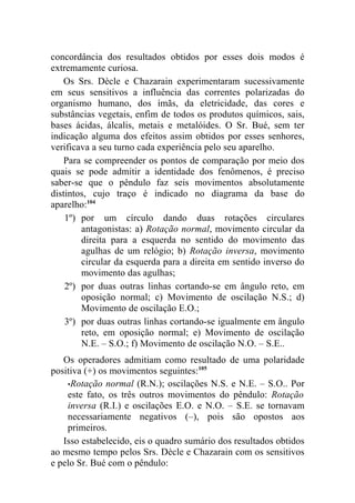 concordância dos resultados obtidos por esses dois modos é
extremamente curiosa.
    Os Srs. Dècle e Chazarain experimentaram sucessivamente
em seus sensitivos a influência das correntes polarizadas do
organismo humano, dos ímãs, da eletricidade, das cores e
substâncias vegetais, enfim de todos os produtos químicos, sais,
bases ácidas, álcalis, metais e metalóides. O Sr. Bué, sem ter
indicação alguma dos efeitos assim obtidos por esses senhores,
verificava a seu turno cada experiência pelo seu aparelho.
    Para se compreender os pontos de comparação por meio dos
quais se pode admitir a identidade dos fenômenos, é preciso
saber-se que o pêndulo faz seis movimentos absolutamente
distintos, cujo traço é indicado no diagrama da base do
aparelho:104
    1º) por um círculo dando duas rotações circulares
        antagonistas: a) Rotação normal, movimento circular da
        direita para a esquerda no sentido do movimento das
        agulhas de um relógio; b) Rotação inversa, movimento
        circular da esquerda para a direita em sentido inverso do
        movimento das agulhas;
    2º) por duas outras linhas cortando-se em ângulo reto, em
        oposição normal; c) Movimento de oscilação N.S.; d)
        Movimento de oscilação E.O.;
    3º) por duas outras linhas cortando-se igualmente em ângulo
        reto, em oposição normal; e) Movimento de oscilação
        N.E. – S.O.; f) Movimento de oscilação N.O. – S.E..
   Os operadores admitiam como resultado de uma polaridade
positiva (+) os movimentos seguintes:105
    •Rotação normal (R.N.); oscilações N.S. e N.E. – S.O.. Por
    este fato, os três outros movimentos do pêndulo: Rotação
    inversa (R.I.) e oscilações E.O. e N.O. – S.E. se tornavam
    necessariamente negativos (–), pois são opostos aos
    primeiros.
   Isso estabelecido, eis o quadro sumário dos resultados obtidos
ao mesmo tempo pelos Srs. Dècle e Chazarain com os sensitivos
e pelo Sr. Bué com o pêndulo:
 