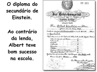 O diploma do secundário de Einstein. Ao contrário da lenda, Albert teve bom sucesso na escola.   