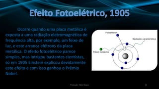10
Ocorre quando uma placa metálica é
exposta a uma radiação eletromagnética de
frequência alta, por exemplo, um feixe de
luz, e este arranca elétrons da placa
metálica. O efeito fotoelétrico parece
simples, mas intrigou bastantes cientistas,
só em 1905 Einstein explicou devidamente
este efeito e com isso ganhou o Prêmio
Nobel.
Produção: Fábio Roque
 