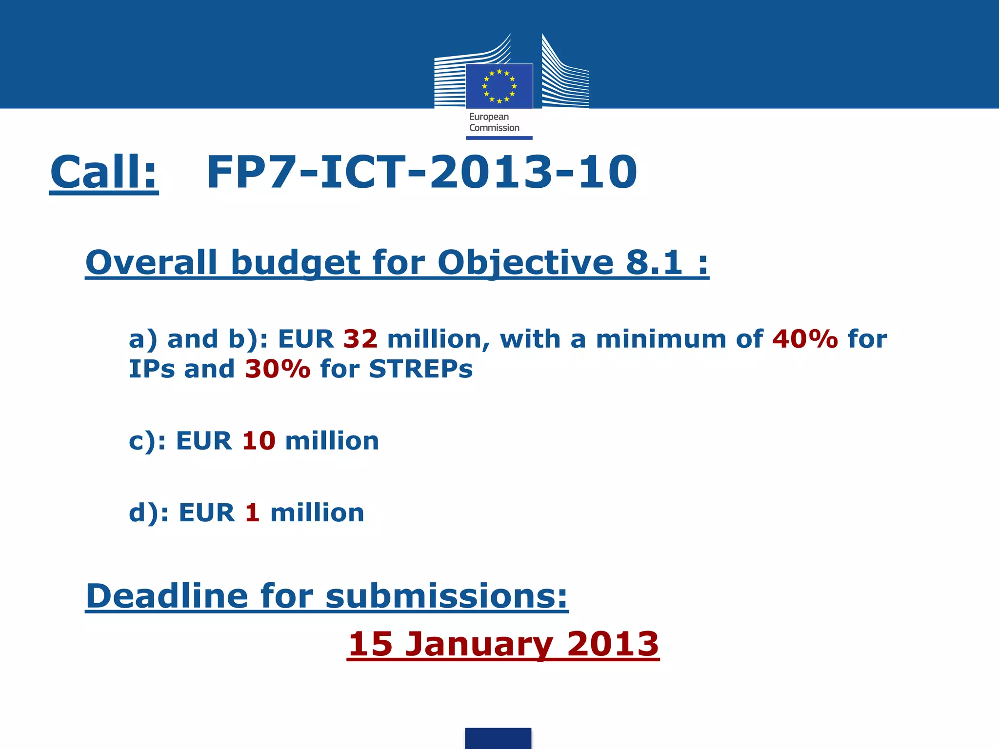 Call:   FP7-ICT-2013-10
 Overall budget for Objective 8.1 :

   a) and b): EUR 32 million, with a minimum of 40% for
   IPs and 30% for STREPs

   c): EUR 10 million

   d): EUR 1 million


 Deadline for submissions:
               15 January 2013
 