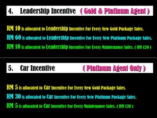 4.  Leadership Incentive  5.  Car Incentive  RM 10  is allocated to  Leadership  Incentive For Every New Gold Package Sales.  RM 60  is allocated to  Leadership  Incentive For Every New Platinum Package Sales.  RM 10  is allocated to  Leadership  Incentive For Every Maintenance Sales. ( RM 120 )  RM 5  is allocated to  Car  Incentive For Every New Gold Package Sales.  RM 30  is allocated to  Car  Incentive For Every New Platinum Package Sales.  RM 5  is allocated to  Car  Incentive For Every Maintenance Sales. ( RM 120 ) ( Gold & Platinum Agent ) ( Platinum Agent Only ) 