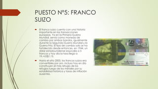 PUESTO Nº5: FRANCO
SUIZO
 El franco suizo cuenta con una historia
importante en las transacciones
europeas. Ya en la Prim...