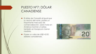 PUESTO Nº7: DÓLAR
CANADIENSE
 El dólar de Canadá al igual que
su vecino del norte, posee un
importante mercado de
comerci...