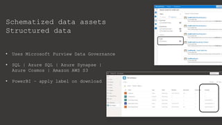Schematized data assets
Structured data
• Uses Microsoft Purview Data Governance
• SQL | Azure SQL | Azure Synapse |
Azure Cosmos | Amazon AWS S3
• PowerBI – apply label on download
 