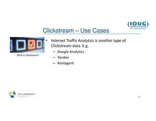 Clickstream – Use Cases
                         • Internet Traffic Analytics is another type of
                           Clickstream data. E.g.
                             – Google Analytics
 What is Clickstream?
                             – Yandex
                             – Kontagent




4/19/2013                                                                  28
 