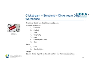 Clickstream – Solutions – Clickstream Data
             Warehouse
             Traditional Clickstream Data Warehouse Schema
             Common Dimensions:
                    1. Customer
                    2. Product
                    3. Time
 Solutions
                    4. Geography
                    5. Page
                    6. Content (meta-data)
                    7. User
             Facts:
                    1. Sales
                    2. User Activities
             Design:
             Schema Design depends on the data we have and the measures we have

4/19/2013                                                                         58
 