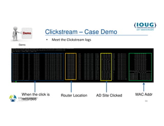 Clickstream – Case Demo
                   •     Meet the Clickstream logs
 Demo




     When the click is        Router Location        AD Site Clicked   MAC Addr
     recorded
4/19/2013                                                                  66
 