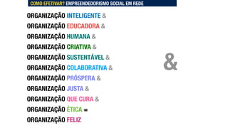 ORGANIZAÇÃO INTELIGENTE &


ORGANIZAÇÃO EDUCADORA &


ORGANIZAÇÃO HUMANA &


ORGANIZAÇÃO CRIATIVA &


ORGANIZAÇÃO SUSTENTÁVEL &


ORGANIZAÇÃO COLABORATIVA &


ORGANIZAÇÃO PRÓSPERA &


ORGANIZAÇÃO JUSTA &


ORGANIZAÇÃO QUE CURA &


ORGANIZAÇÃO ÉTICA =


ORGANIZAÇÃO FELIZ
COMO EFETIVAR? EMPREENDEDORISMO SOCIAL EM REDE
&
 