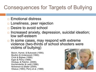 Consequences for Targets of Bullying

    Emotional distress
    Loneliness, peer rejection
    Desire to avoid school
    Increased anxiety, depression, suicidal ideation;
     low self-esteem
    In some cases, may respond with extreme
     violence (two-thirds of school shooters were
     victims of bullying)
     Boivin, Hymel, & Bukowski (1995);
     Boulton & Underwood (1992);
     Crick & Bigbee (1998);
     Egan & Perry (1998);
     Hinduja, & Patchin, (2009);
     Kochenderfer & Ladd (1996);
     Nickerson & Sltater (2009);
     Olweus (1993); Perry et al. (1988)
 