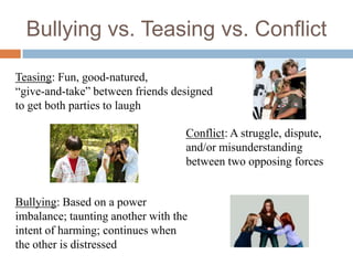 Bullying vs. Teasing vs. Conflict

Teasing: Fun, good-natured,
“give-and-take” between friends designed
to get both parties to laugh

                                   Conflict: A struggle, dispute,
                                   and/or misunderstanding
                                   between two opposing forces


Bullying: Based on a power
imbalance; taunting another with the
intent of harming; continues when
the other is distressed
 