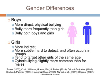 Gender Differences

    Boys
      More  direct, physical bullying
      Bully more frequently than girls
      Bully both boys and girls


    Girls
      More indirect
      More subtle, hard to detect, and often occurs in
       groups
      Tend to target other girls of the same age
      Cyberbullying slightly more common than for
       males
 Banks (2000); Cook, Williams, Guerra, Kim, & Sadek, (2010); Crick & Grotpeter, (1995);
Hinduja & Patchin, (2009); Hoover & Oliver, (1996); Nansel et al., (2001); Olweus, (2002);
 