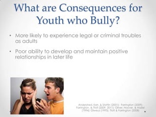 What are Consequences for
    Youth who Bully?
• More likely to experience legal or criminal troubles
  as adults
• Poor ability to develop and maintain positive
  relationships in later life




                            Andershed, Kerr, & Stattin (2001); Farrington (2009);
                           Farrington, & Ttofi (2009, 2011); Oliver, Hoover, & Hazler
                                (1994); Olweus (1993); Ttofi & Farrington (2008)
 