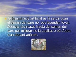 La inseminació artificial es fa servir quan el semen del pare no  pot fecundar l’òvul. Aquesta tècnica,és tracta del semen del pare per millorar-ne la qualitat o bé s’obte d’un donant anònim. 