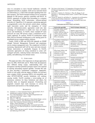 1687923292

since its conception to move beyond traditional, vertically                          [8]  The Future of the Internet, “A Compendium of European Projects on
                                                                                          ICT Research Supported by the EU 7th Framework Programme for
integrated networks to modular, multi-service networks based                              RTD”, 2008.
on softswitches (i.e., CSCF) that uncouple signaling from user                       [9] Jacobson, V., Smetters. D., Thornton, J., Plass, M., Briggs, N. and
data transport. The NxGN transport stratum service awareness                              Braynard, R.. “Networking Named Content”, CoNEXT 2009, December
                                                                                          2009, Rome.
depends on SIP proxies, gateway controllers and RACF. In
                                                                                     [10] Trossen, D., Särelä, M., and Sollins, K., “Arguments for an Information-
NwGN, separation of routing from forwarding is a common                                   Centric Internetworking Architecture”, ACM CCR, April 2010.
thread. Resembling NGN softswitches, software-defined                                [11] OpenFlow, http://www.openflowswitch.org/. Accessed 29 June 2010.
networks (cf. OpenFlow [11]) represent a promising approach                                                                 TABLE I
to pragmatically evolve the network control plane, enabling                                                    COMPARISO BETWEE    XG A D WG .
rapid innovation cycles and the emergence of virtual
networks. Information-centric approaches could also take                                                    G -GSI and IMS                   wG (Future Internet)
                                                                                                          SIP-based. Suffers with IP
advantage of virtualization to enable new ways of content
                                                                                                          limitations regarding            Mobility support based on
access and distribution. In NxGN, where standard IP stack                                                 mobility. IMS also relays on     ID/Loc and Information/Loc
protocols are used, SIP proxies create a centralized service-                                             cellular networks mobility       splitting. Protocol examples are




                                                                                           Mobility
centric approach. In contrast, NwGN FI architectures adopt                                                support. NGN-GSI uses an         LISP, Six/One, PSIRP [10].
                                                                                                          ID/Loc decoupling.
SOA (Service-Oriented Architecture) as the starting point for
distributed service compose-ability solutions.                                                            Traceability is limited due to   Ubiquitous connectivity is
   Finally, OAM in IMS and NGN-GSI depends on SNMP                                                        the IP address space             considered as a tendency. New




                                                                                           Ubiquity
(Simple Network Management Protocol) and proprietary                                                      depletion. IP ubiquity           approaches to deal with
service stratum management tools. The complexity in OAM is                                                depends on NAPT and other        traceability, context, addressing
                                                                                                          entities scalability.            and localization.
increasing. Operational staff will be more and more stressed.
Human intervention is remarkably frequent. In NwGN,                                                                                        New approaches, such as trust
autonomic approaches are being considered to create self-                                  Security       IPSec-based. Suffers with        relations, publish/subscribe
                                                                                                          traditional IP security          paradigm, securing information
managed networks, reducing human intervention, increasing                                                 limitations as well as new       objects and self-security
quality, and addressing cross-domain issues.                                                              ones related to SIP.             mechanisms.

                                                                                                          Transport resources are          Transport, processing and
                             V. CONCLUSION                                                                decoupled of service stratum.    storage virtualization.
   This paper provides a first impression on design approaches                                            Limited network                  Coexistence of different service
taken for IMS, NGN-GSI and FI. While both developments                                                    customization is provided by     aware virtual networks. E.g.
                                                                                           Generality




                                                                                                          RACF.                            FIA MANA, AutoI [8],
have different timing scopes, understanding their core                                                                                     Software-defined networks
divergences and their potential synergies seems to be required                                                                             (e.g., OpenFlow [11]).
in steering networking research agendas. Towards this end,
we have provided a preliminary comparison. Apparently,                                                    Support for NEDs is virtually    NEDs’ requirements are being
                                                                                                          nonexistent. Moreover, it is     considered. Information
NxGN (i) will suffer with the impact of NEDs; (ii) will have
                                                                                                          unclear to what extent the IP    contextualization, privacy and
more complex OAM, increasing OPEX; (iii) traceability and                                                 network can scale in order to    security are being redesigned.
                                                                                           RVWI




other IP/TCP/UDP/SIP security limitations will continue                                                   support the phenomenal           E.g. FIA RWI [8].
causing trouble. NwGN constitute a never-ending set of                                                    growth predicted for NED.
promissory solutions for these limitations and others, but
                                                                                                          Information exchange             New paradigm to redesign
currently lacks on integrated proposals. Overarching and                                                  supported by traditional         network architectures from the
                                                                                           Information-




pragmatic research steps seem necessary to convey the                                                     protocols, such as HTTP,         information point of view, e.g.
requirements and incentives of the multiple parties.                                                      RTP, SMTP, etc. OSA/Parlay       CCN and PSIRP [9, 10].
                                                                                           centrism




                                                                                                          and SIP gateways and
                                                                                                          servers.
                                REFERENCES
[1]   Tomonori, A, “A New Generation Network - Beyond NGN”, ITU-T                                         SIP and its proxies are used     SOA is considered in some
      Kaleidoscope Academic Conference, May 2008.                                                         to orchestrate services.         approaches to provide service
[2]   ITU-T Recommendation Y.2012, “Functional Requirements and                                           Highly centralized approach.     compose-ability and
      architecture of the NGN”, release 1, 2006.                                                          SOA-based Service Delivery       orchestration. Distributed
                                                                                           centrism
                                                                                           Service-




[3]   http://www.3gpp.org/.                                                                               Platforms (SDP) approach.        approach. E.g. SOA4ALL, S-
[4]   Roberts, J., “The clean-slate approach to future Internet Design: a survey                          App-store paradigm.              Cube [8].
      of research initiatives”, Ann. telecommun. 64:271-276, 2009.
[5]   Akari, “New Generation Network Architecture AKARI Conceptual
                                                                                                                                           Autonomic networking could
      Design”, Project Description v1.1. http://akari-
                                                                                                          Virtually all operation          provide self-emergent behavior.
      project.nict.go.jp/eng/conceptdesign.htm. Accessed 20 April 2010.
                                                                                                          depends on proprietary           Network operation emerges as
                                                                                           Autonomy




[6]   Farinacci, D., et al. Draft-ietf-lisp-06.txt- Locator/ID Separation Protocol
      (LISP), 2010.                                                                                       management software, which       a result of distributed
[7]   Vogt, C., Draft-vogt-rrg-six-one-02 - Six/One: A Solution for Routing                               requires human interference      autonomous nodes (cf. MANA,
      and Addressing in IPv6, 2009.                                                                       in a daily basis.                AutoI, 4WARD, Akari [5, 8]).
 