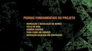 ! NOMEAÇÃO E RESOLUÇÃO DE NOMES
! CICLO DE VIDA
! GEMÊOS DIGITAIS
! TUDO COMO UM SERVIÇO
! OPERAÇÃO BASEADA EM CONTRATOS
PEDRAS FUNDAMENTAIS DO PROJETO
 