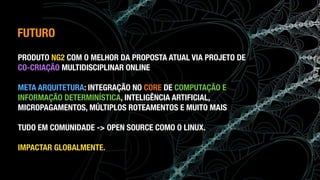 (c) Antonio Alberti, Inatel, 2014.
PRODUTO NG2 COM O MELHOR DA PROPOSTA ATUAL VIA PROJETO DE
CO-CRIAÇÃO MULTIDISCIPLINAR ONLINE
META ARQUITETURA: INTEGRAÇÃO NO CORE DE COMPUTAÇÃO E
INFORMAÇÃO DETERMINÍSTICA, INTELIGÊNCIA ARTIFICIAL,
MICROPAGAMENTOS, MÚLTIPLOS ROTEAMENTOS E MUITO MAIS
TUDO EM COMUNIDADE -> OPEN SOURCE COMO O LINUX.
IMPACTAR GLOBALMENTE.
FUTURO
 