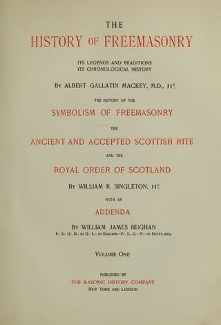 THE
HISTORY OF FREEMASONRY
ITS LEGENDS AND TRADITIONS
ITS CHRONOLOGICAL HISTORY
By albert GALLATIN MACKEY, M.D., ^^?.
THE HISTORY OF THE
SYMBOLISM OF FREEMASONRY
THE
ANCIENT AND ACCEPTED SCOTTISH RITE
AND THE
ROYAL ORDER OF SCOTLAND
By WILLIAM R. SINGLETON, 33?.
WITH AN
ADDENDA
By WILLIAM JAMES HUGHAN
p.-. S.-. G.'. Da of G.-. L.-. of England—p.-. S.-. G/. W.-. of Egypt, etc
Volume One
PUBLISHED BY
THE MASONIC HISTORY COMPANY
New York and London
 