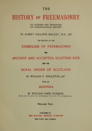 THE
HISTORY OF FREEMASONRY
ITS LEGENDS AND TRADITIONS
ITS CHRONOLOGICAL HISTORY
By albert GALLATIN MACKEY, M.D., ^J?
THE HISTORY OF THE
SYMBOLISM OF FREEMASONRY
IHC
ANCIENT AND ACCEPTED SCOTTISH RITE
AND THE
ROYAL ORDER OF SCOTLAND
By WILLIAM R. SINGLETON, 3^?.
WITH AN
ADDENDA
By WILLIAM JAMES HUGHAN
p.*. S.*. G.*. D.". OF G.". L.*. OF England—P.*. S. G. W.*. of Egypt, etc
Volume Two
PUBLISHED BY
THE MASONIC HISTORY COMPANY
New York and London
 