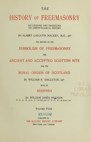 THE
HISTORY of FREEMASONRY
ITS LEGENDS AND TRADITIONS
ITS CHRONOLOGICAL HISTORY
By ALBERT GALLATIN MACKEY, M.D., 33?
THE HISTORY OF THE
SYMBOLISM OF FREEMASONRY
THE
ANCIENT AND ACCEPTED SCOTTISH RITE
AND THE
ROYAL ORDER OF SCOTLAND
By WILLIAM R. SINGLETON, 33°
WITH AN
ADDENDA
»
* . •
• • • •» ••, • • •
> • • a f „ • «
» ,»«,•• * • » t
, t , • . • »•••»
7 -'.
By WILLIAM JAMES HllCHAN
P.*. S. G. D. of G. L. of England—P.'. S. G. W. of Egypt, etc.
Volume Four
».'•.- * •
21S5D2
PUBLISHED BY
THE MASONIC HISTORY COMPANY
New York and London
 