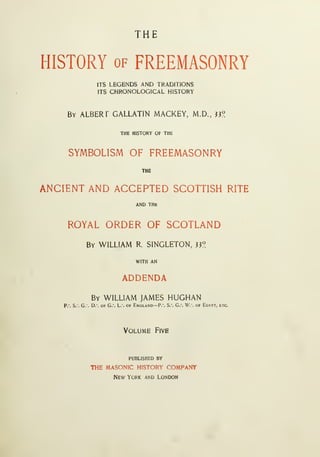 THE
HISTORY OF FREEMASONRY
ITS LEGENDS AND TRADITIONS
ITS CHRONOLOGICAL HISTORY
By ALBERT GALLATIN MACKEY, M.D., 33°
THE HISTORY OF THE
SYMBOLISM OF FREEMASONRY
THE
ANCIENT AND ACCEPTED SCOTTISH RITE
AND THt
ROYAL ORDER OF SCOTLAND
By WILLIAM R. SINGLETON, 33?.
WITH AN
ADDENDA
By WILLIAM JAMES HUGHAN
p.'. S.'. G.". D.'. OF G.'. L.'. OF England—P.". S.". G.". W.". of Egypt, etc.
Volume Five
PUBLISHED BY
THE MASONIC HISTORY COMPANY
New York and London
 