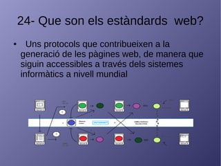 24- Que son els estàndards web?
● Uns protocols que contribueixen a la
generació de les pàgines web, de manera que
siguin accessibles a través dels sistemes
informàtics a nivell mundial
 
