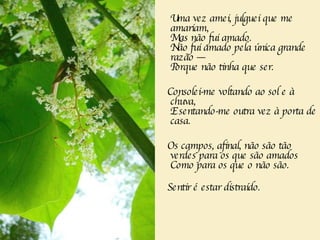 Uma vez amei, julguei que me amariam,   Mas não fui amado.  Não fui amado pela única grande razão —  Porque não tinha que ser.  Consolei-me voltando ao sol e à chuva,  E sentando-me outra vez à porta de casa.  Os campos, afinal, não são tão verdes para os que são amados  Como para os que o não são.  Sentir é estar distraído.  