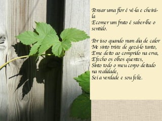 Pensar uma flor é vê-la e cheirá-la E comer um fruto é saber-lhe o sentido. Por isso quando num dia de calor Me sinto triste de gozá-lo tanto, E me deito ao comprido na erva, E fecho os olhos quentes, Sinto todo o meu corpo deitado na realidade, Sei a verdade e sou feliz.   