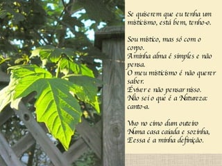 Se quiserem que eu tenha um misticismo, está bem, tenho-o. Sou místico, mas só com o corpo. A minha alma é simples e não pensa. O meu misticismo é não querer saber. É viver e não pensar nisso. Não sei o que é a Natureza: canto-a. Vivo no cimo dum outeiro Numa casa caiada e sozinha, E essa é a minha definição.   