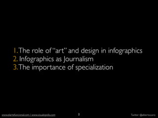 1. The role of “art” and design in infographics
           2. Infographics as Journalism
           3. The importance of specialization




          http://
  elections.nytimes.com/                         2
www.elartefuncional.com / www.visualopolis.com       Twitter: @albertocairo
 