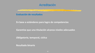 Acreditación
Evaluación de resultados
En base a estándares para logro de competencias
Garantiza que una titulación alcanza niveles adecuados
Obligatoria, temporal, cíclica
Resultado binario
10
 