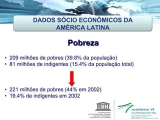Pobreza 209 milhões de pobres (39.8% da população)  81 milhões de indigentes (15.4% da população total) ‏ 221 milhões de pobres (44% em 2002)  19.4% de indigentes em 2002 DADOS SÓCIO ECONÔMICOS DA AMÉRICA LATINA 