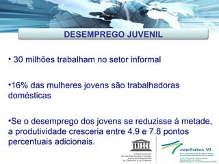 30 milhões trabalham no setor informal 16% das mulheres jovens são trabalhadoras domésticas  Se o desemprego dos jovens se reduzisse à metade, a produtividade cresceria entre 4.9 e 7.8 pontos percentuais adicionais. DESEMPREGO JUVENIL 