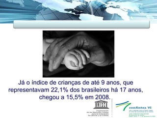 Já o índice de crianças de até 9 anos, que representavam 22,1% dos brasileiros há 17 anos, chegou a 15,5% em 2008.  