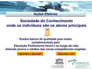 Sociedade do Conhecimento onde os indivíduos são os atores principais Ensino básico de qualidade para todos  complementado pela  Educação Profissional inicial e ao longo da vida, dotando jovens e adultos das novas competências exigidas: Ações Efetivas “ aprender a aprender” “ aprender a ser” 