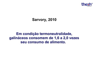 Sarvory, 2010

Em condição termoneutralidade,
galináceos consomem de 1,6 a 2,0 vezes
seu consumo de alimento.

 