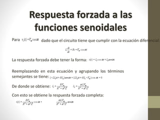 Respuesta forzada a las 
funciones senoidales 
Para dado que el circuito tiene que cumplir con la ecuación diferencial: 
La respuesta forzada debe tener la forma: 
Reemplazando en esta ecuación y agrupando los términos 
semejantes se tiene: 
De donde se obtiene: 
Con esto se obtiene la respuesta forzada completa: 
 