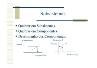 Subsistemas

  Quebrar em Subsistemas.
  Quebrar em Componentes
  Desempenho dos Componentes:
          Componente 1                         Componente 2

Demanda                                     Demanda




                         Nível de Serviço                     Nível de serviço
 