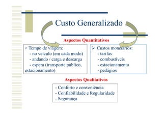 Custo Generalizado
                     Aspectos Quantitativos
> Tempo de viagem:                   Custos monetários:
   - no veículo (em cada modo)       - tarifas
   - andando / carga e descarga      - combustíveis
   - espera (transporte público,     - estacionamento
estacionamento)                      - pedágios

                     Aspectos Qualitativos
                - Conforto e conveniência
                - Confiabilidade e Regularidade
                - Segurança
 
