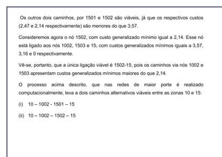 Os outros dois caminhos, por 1501 e 1502 são viáveis, já que os respectivos custos
(2,47 e 2,14 respectivamente) são menores do que 3,57.

Consideremos agora o nó 1502, com custo generalizado mínimo igual a 2,14. Esse nó
está ligado aos nós 1002, 1503 e 15, com custos generalizados mínimos iguais a 3,57,
3,16 e 0 respectivamente.

Vê-se, portanto, que a única ligação viável é 1502-15, pois os caminhos via nós 1002 e
1503 apresentam custos generalizados mínimos maiores do que 2,14.

O     processo   acima   descrito,   que   nas   redes   de   maior   porte   é   realizado
computacionalmente, leva a dois caminhos alternativos viáveis entre as zonas 10 e 15:

(i)   10 – 1002 - 1501 – 15

(ii) 10 – 1002 – 1502 – 15
 